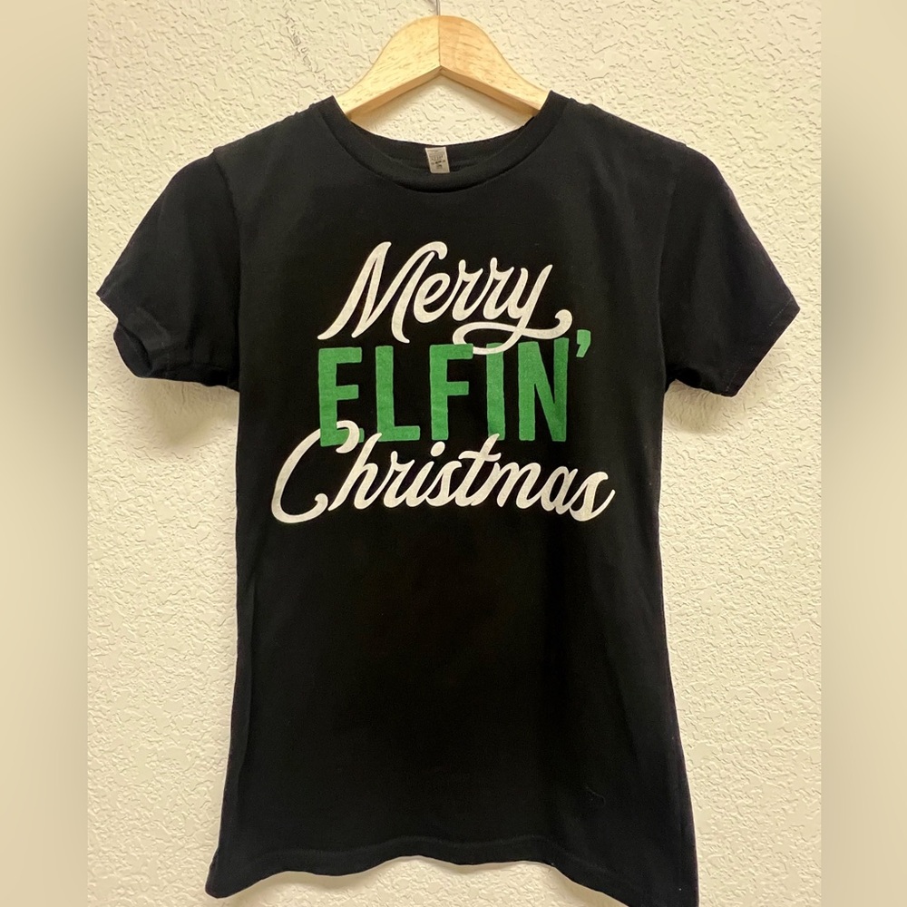 Women’s Merry Elfin Christmas Black Fitted T-Shirt S Holiday